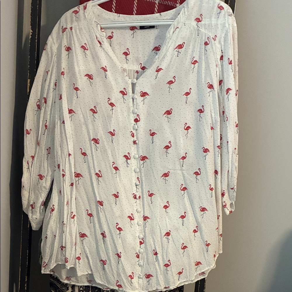 torrid White Button-Front Top with Pink Flamingo Print
